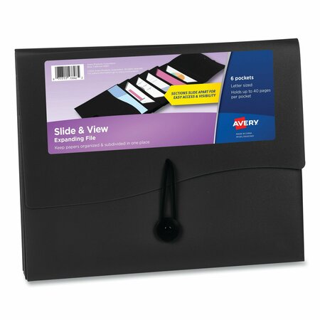 AVERY Slide and View Expanding File, 6 Sections, Hook/Loop Closure, Letter Size, Black 73542